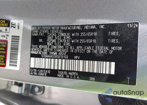 2024 Toyota Grand Highlander Xle из США, поврежденный, VIN 5TDAAAA55RS019168